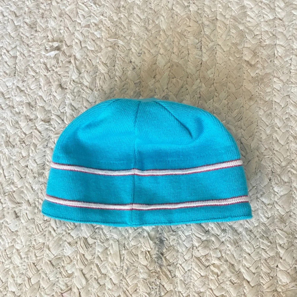 The North Face Beanie Kids Youth Medium Blue Striped Knit Logo Winter Hat